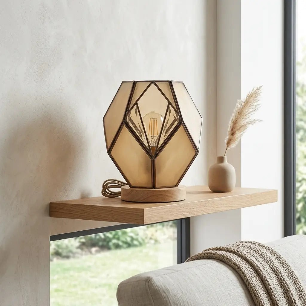 AmberForm | Amber Geometric Glass Table Lamp with Wood Base