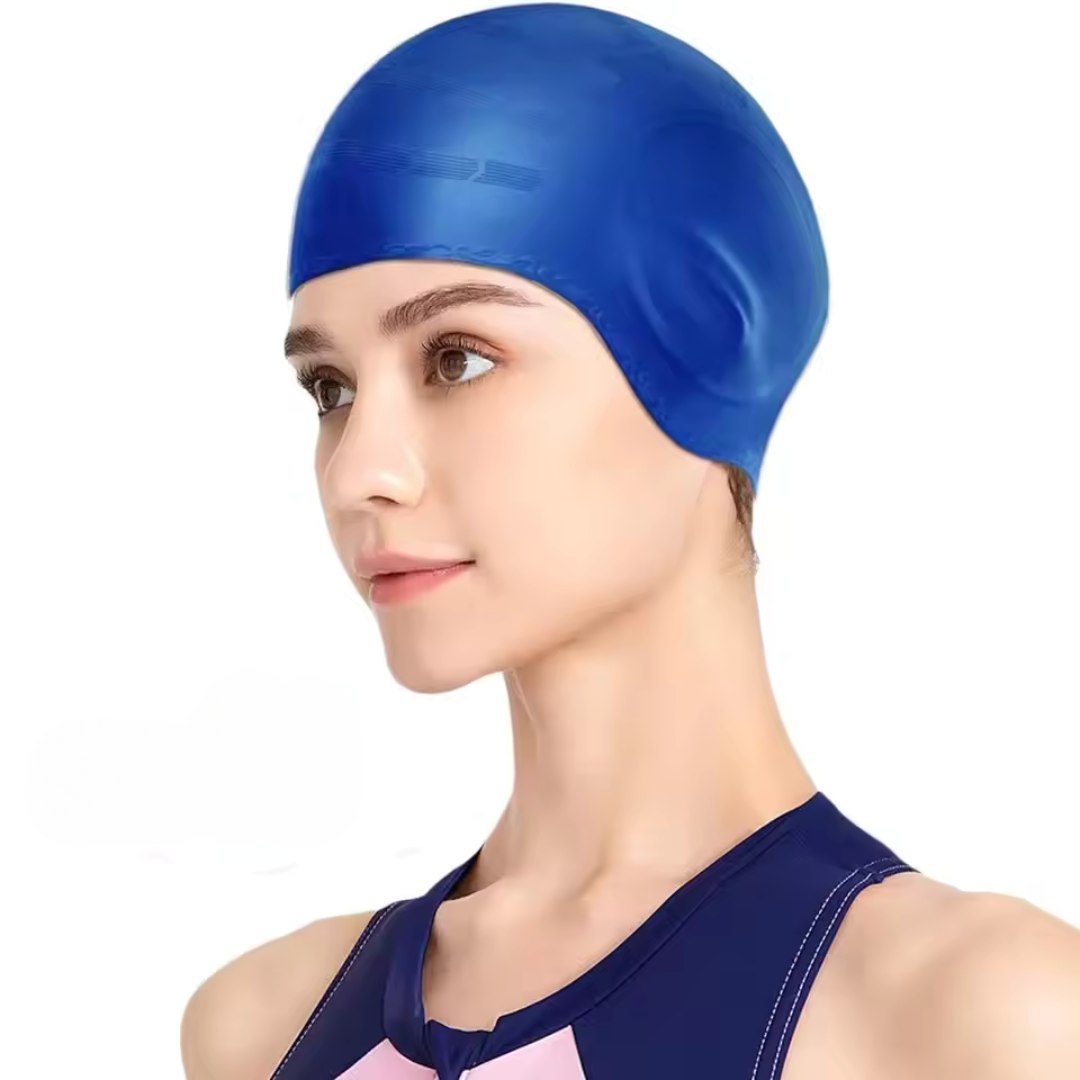 AquaShell swim cap stretched to show the fit for long and thick hair
