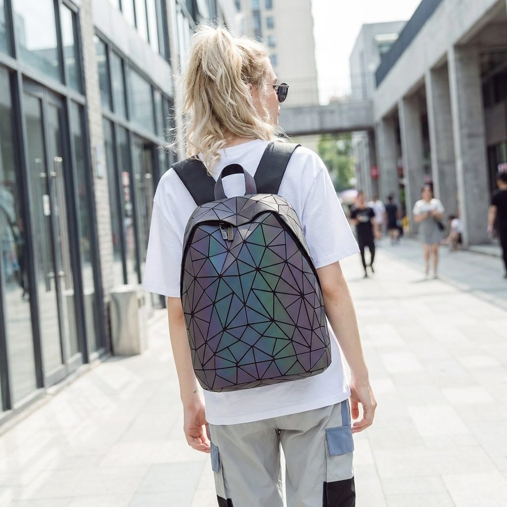 Woman wearing the GinaGlow geometric luminous backpack in the city