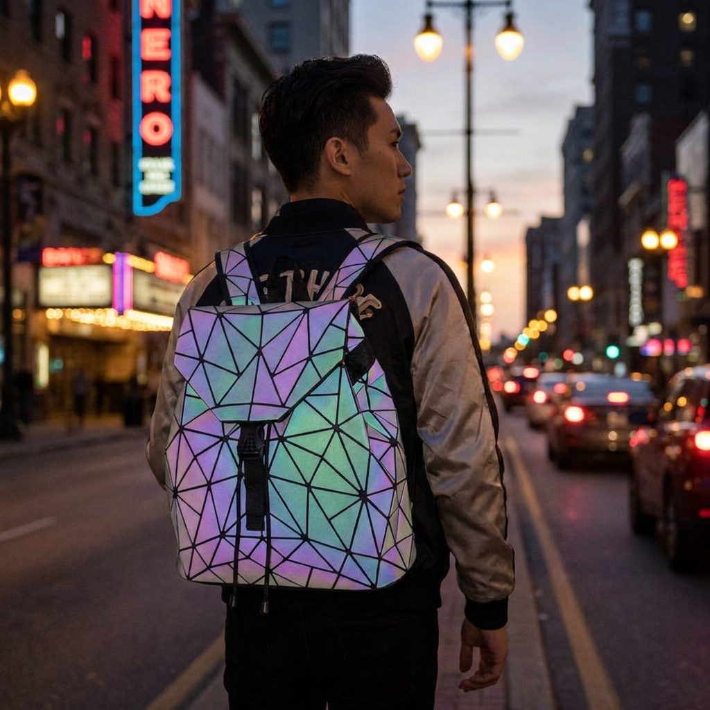 GinaGlow backpack glowing in the dark on an evening city street