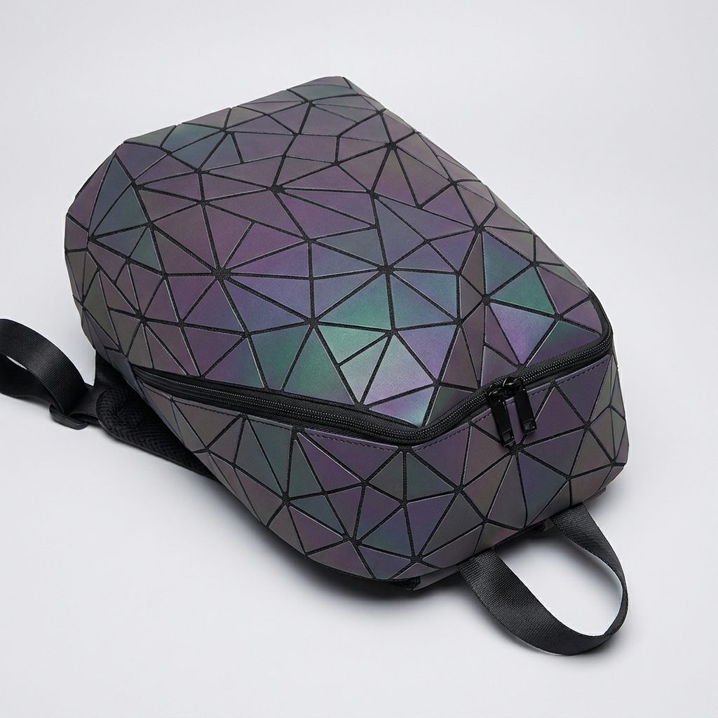 Close-up of the GinaGlow backpack's iridescent geometric panels