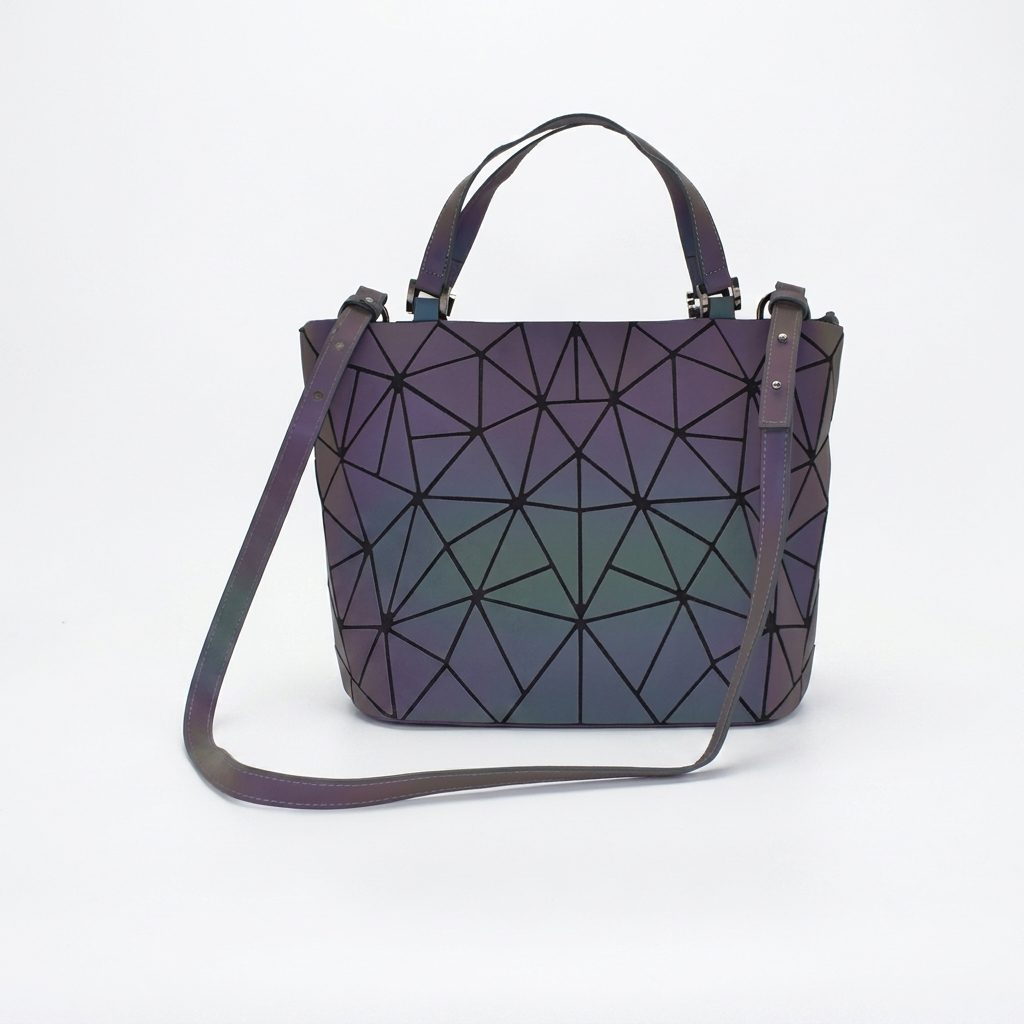 GinaGlow geometric glow-in-the-dark shoulder bag – studio front view