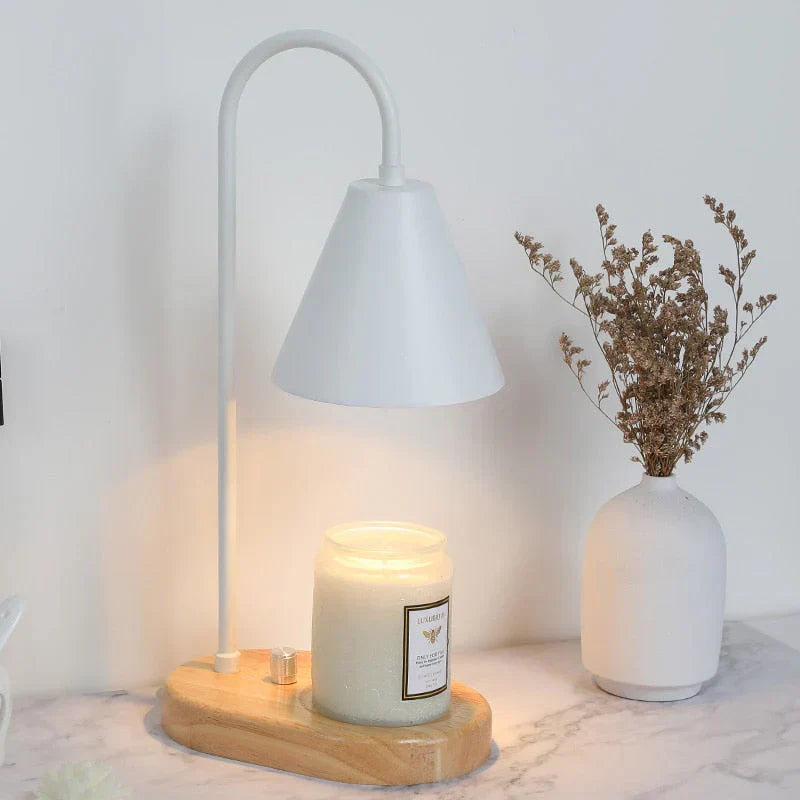 GlowHaven candle warmer lamp with wooden base and metal shade
