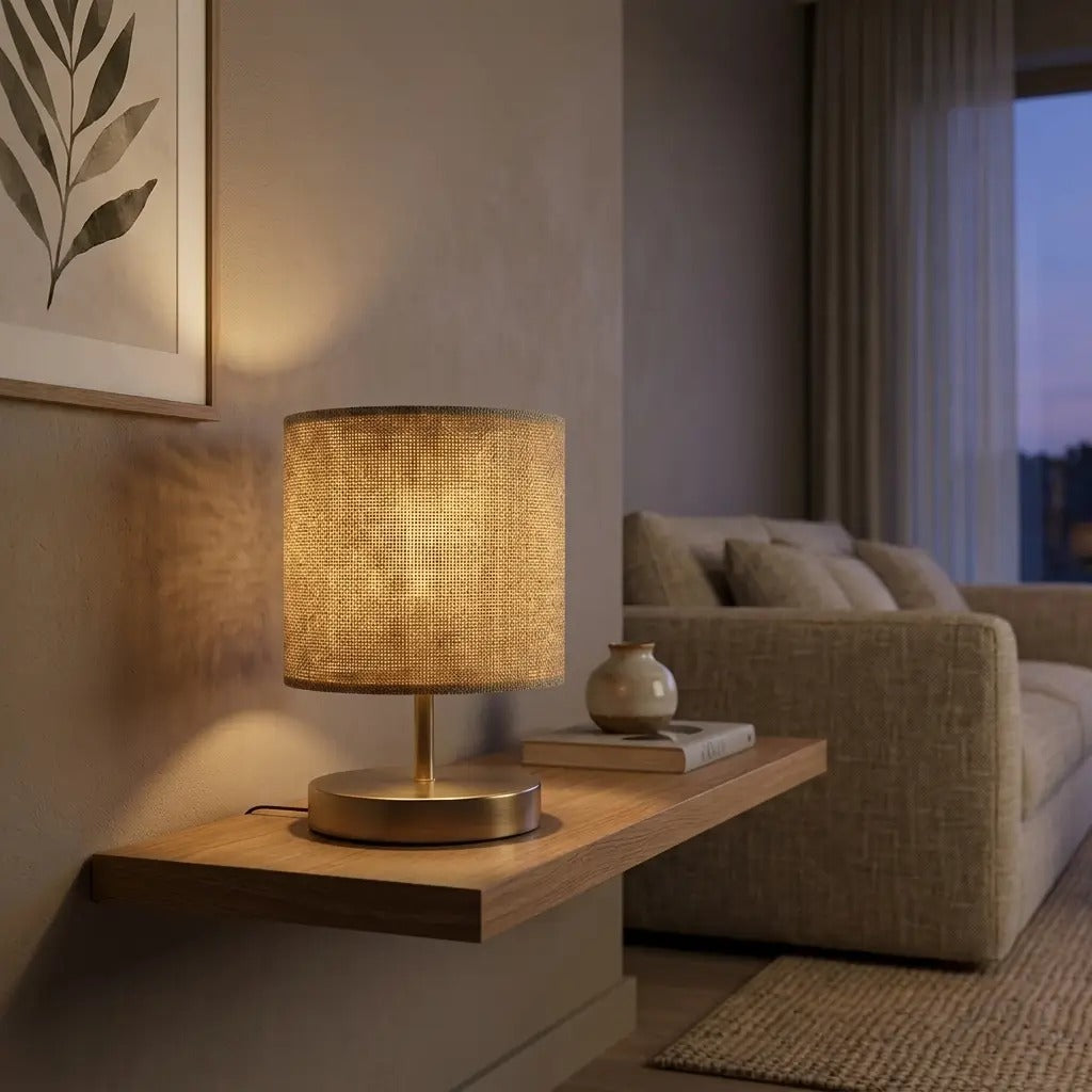 LinenGlow | Natural Fabric Table Lamp with Brass Base & Cylinder Shade