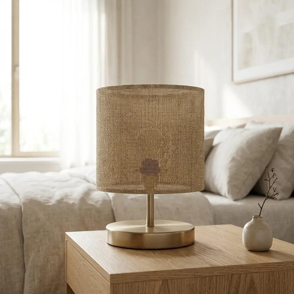 LinenGlow | Natural Fabric Table Lamp with Brass Base & Cylinder Shade