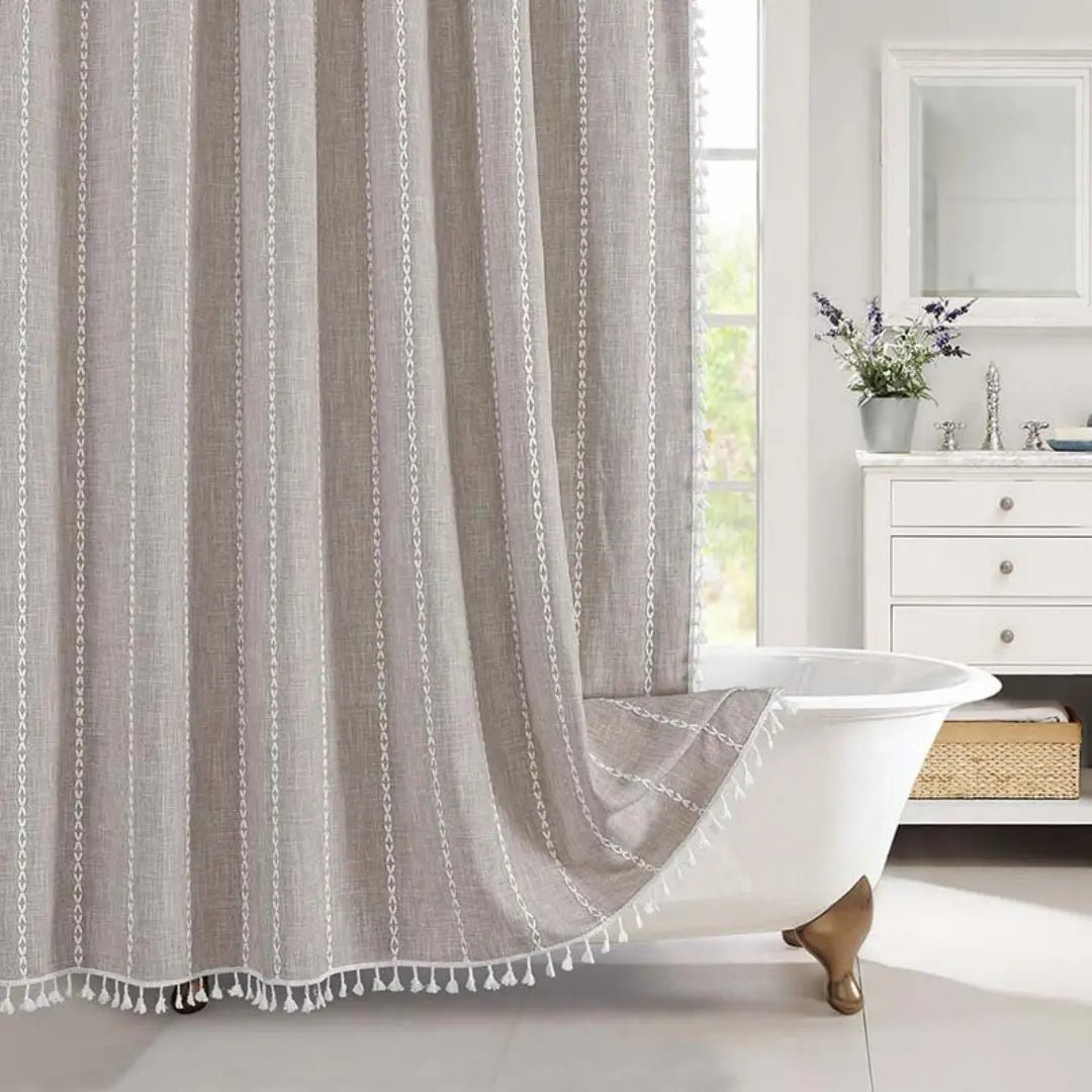 Linova - Linen Shower Curtain Boho Tassel Farmhouse 8