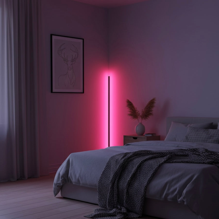 Lumivex corner floor lamp shown in black and white finishes