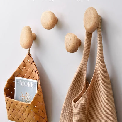 Natural Wood Wall Hooks — Organic Pebble Design Set of 4 7