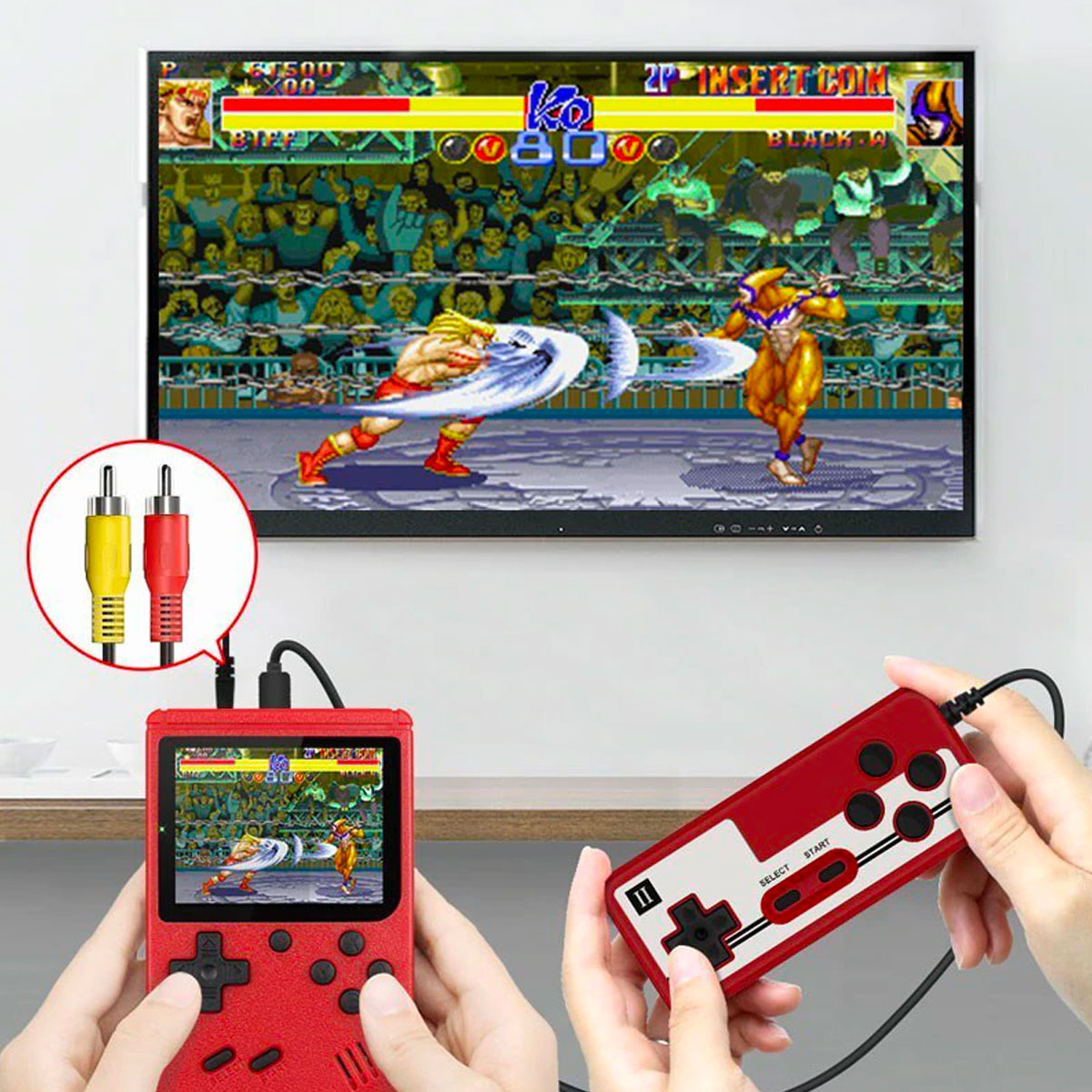 PixlVault retro console connected to a TV for two-player gaming