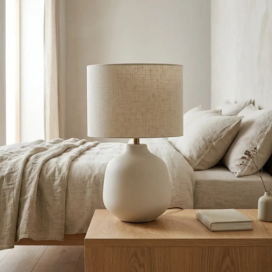 TerraCero | Ivory Ceramic Table Lamp with Cylindrical Fabric Shade