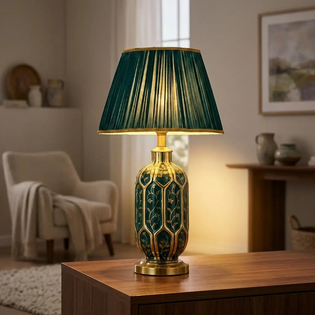 VerdeGold | Green Decorated Ceramic Table Lamp with Gold Details
