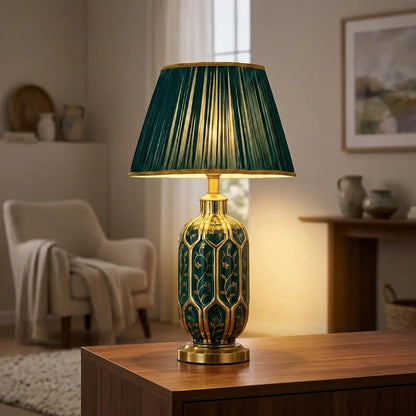 VerdeGold | Green Decorated Ceramic Table Lamp with Gold Details