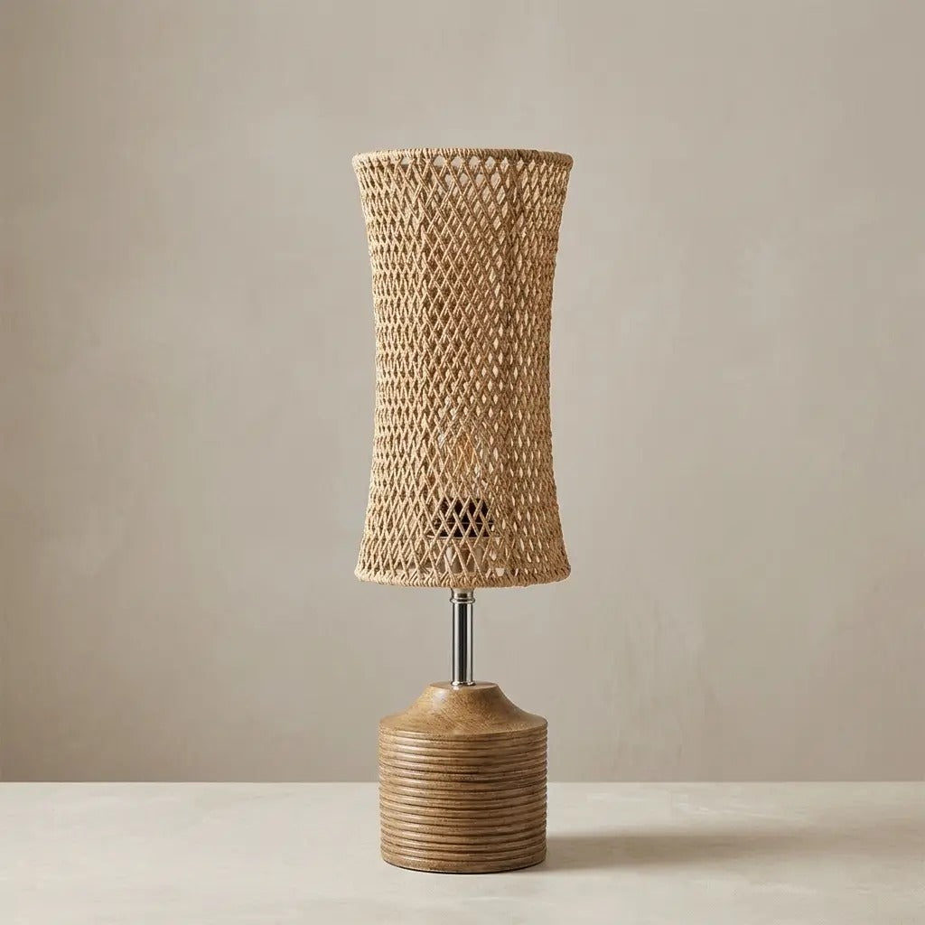 WeaveLux | Natural Woven Fiber Table Lamp with Wood Effect Base
