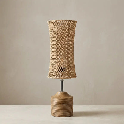 WeaveLux | Natural Woven Fiber Table Lamp with Wood Effect Base