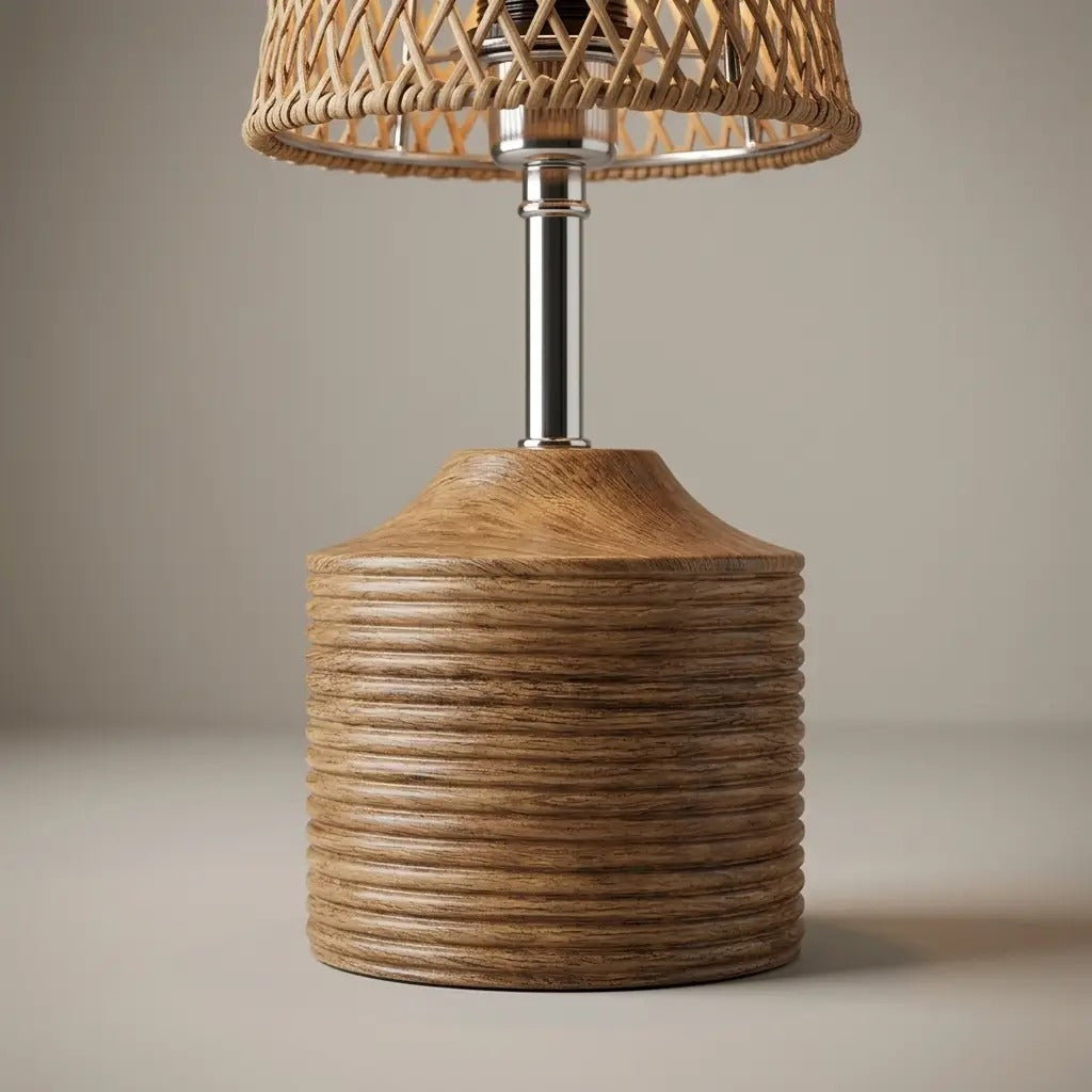 WeaveLux | Natural Woven Fiber Table Lamp with Wood Effect Base