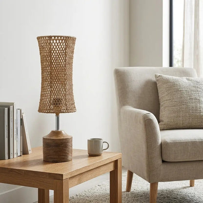 WeaveLux | Natural Woven Fiber Table Lamp with Wood Effect Base